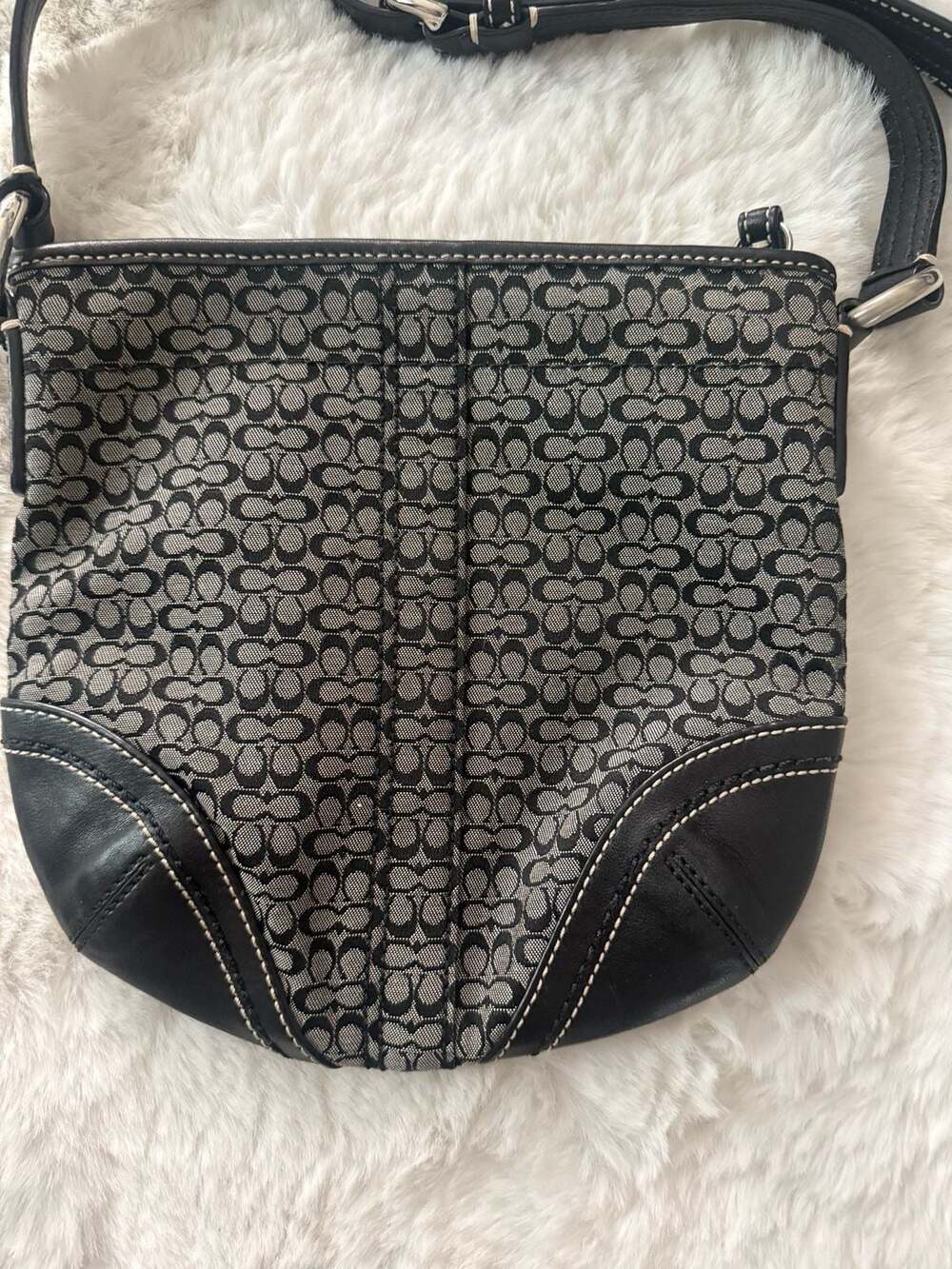 Coach Signature C Jacquard Canvas and Black Leather Trim Crossbody Messenger Bag
